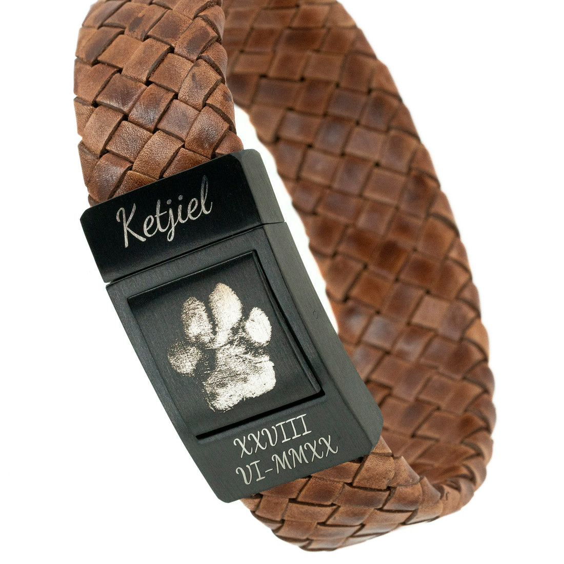 Armband mit Pfotenabdruck - Geflochtenes braunes Leder (Hund oder Katze)
